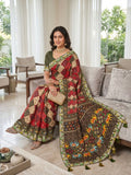 Soft Vichitra Silk with Designer Printed Patola Design with Designer floral embroidered Lace border Saree
