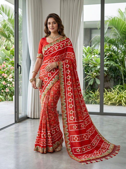 Soft Vichitra Silk with Designer Printed Patola Design with Designer floral embroidered Lace border Saree