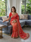 Soft Vichitra Silk with Designer Printed Patola Design with Designer floral embroidered Lace border Saree