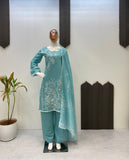 DESIGNER WEAR EXCLUSIVE SUIT IN SEQUENCE EMBROIDERED ROMAN SILK FABRIC TOP AND PANT WITH DUPATTA PAIR