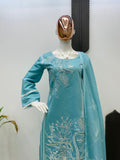 DESIGNER WEAR EXCLUSIVE SUIT IN SEQUENCE EMBROIDERED ROMAN SILK FABRIC TOP AND PANT WITH DUPATTA PAIR