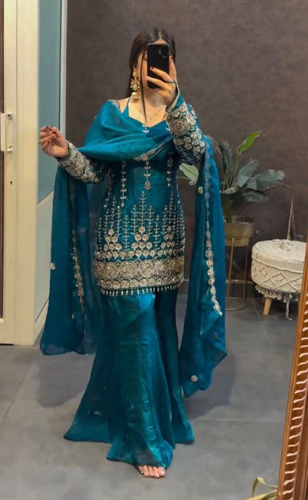 NEW LAUNCHING 3 PIECES KURTI, PLAZZO & DUPATTA WITH ORIGINAL BEADS CUT DANA WORK