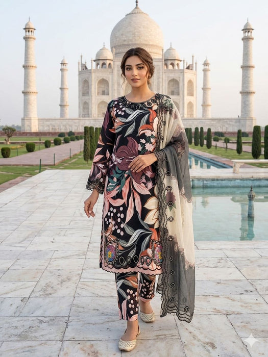 BEAUTIFUL PRINTED MUSLIN SILK COLOUR FULL WITH EMBROIDERED CUTWORKED TOP, PANT WITH DUPATTA