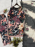 BEAUTIFUL PRINTED MUSLIN SILK COLOUR FULL WITH EMBROIDERED CUTWORKED TOP, PANT WITH DUPATTA