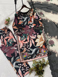 BEAUTIFUL PRINTED MUSLIN SILK COLOUR FULL WITH EMBROIDERED CUTWORKED TOP, PANT WITH DUPATTA
