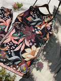 BEAUTIFUL PRINTED MUSLIN SILK COLOUR FULL WITH EMBROIDERED CUTWORKED TOP, PANT WITH DUPATTA