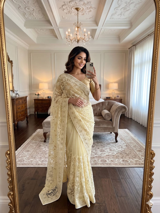 Designer Georgette Saree  With Beautiful Heavy Lucknowi Thread Work