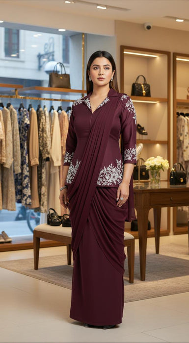 Exclusive Designer Chinnon Silk Drape Saree With Stunning Jacket Blouse