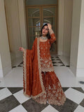 Pure Heavy Gmy Silk With Heavy Embroidery Sequence Work with Real Mirror Hand Work Top-Bottom And Dupatta Set