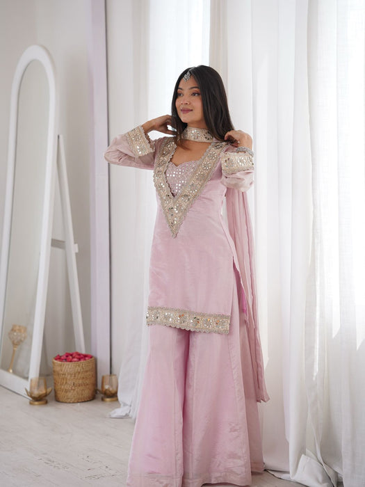 PARTY WEAR  4 PIECE REAL MIRROR AND EMBROIDERY WORKED BLOUSE-TOP, PLAZZO WITH DUPATTA