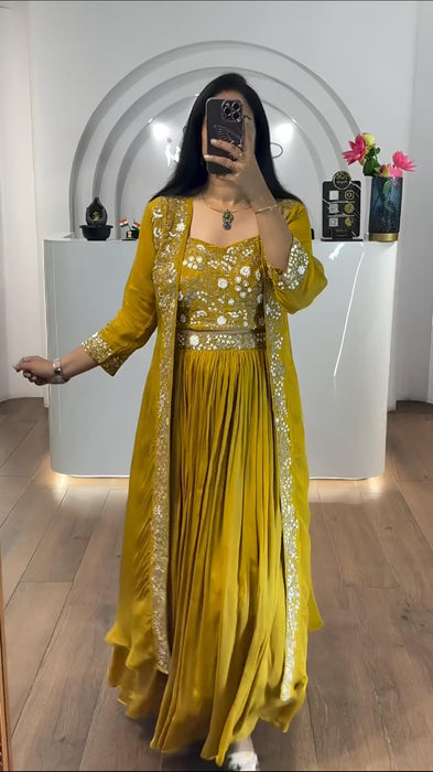 Latest Stylish Chinnon Silk Lehenga • Shrug• Blouse Set