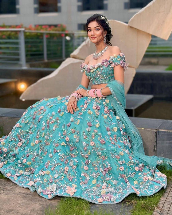 Faux Georgette with Designer Flower Work & Embroidery Sequins Work Lehenga Choli