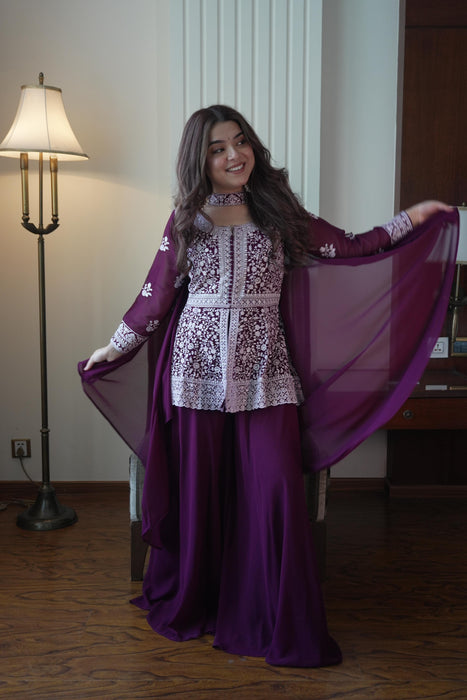 DEIGNER EMBROIDERED PEPLUM TOP WITH PLAZZO PAIR FROM LOOMEERA