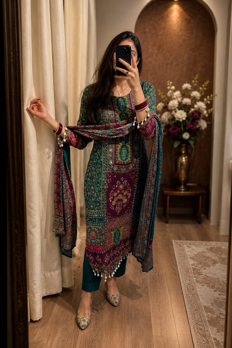 Latest Designer Salwar Kameez Elegant Digital Print Set With Real Mirror Work