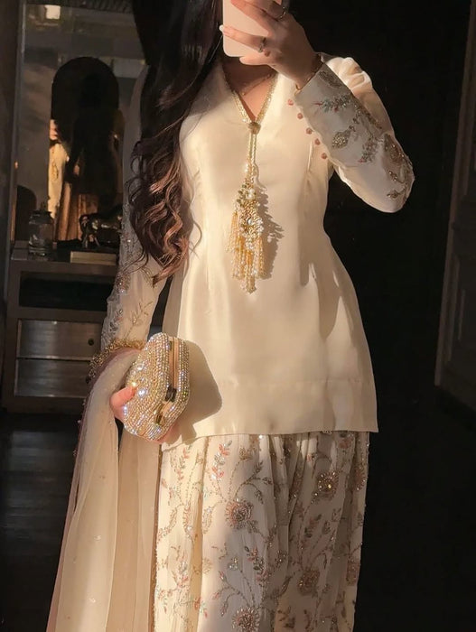New Designer Party Wear Look Pure Glass Satin Top & Farshi Palazzo With Dupatta set