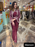 Party Wear Ready To Wear Saree With Jacket With  Heavy Diamond Satin Silk With Multi Thread Embroidery