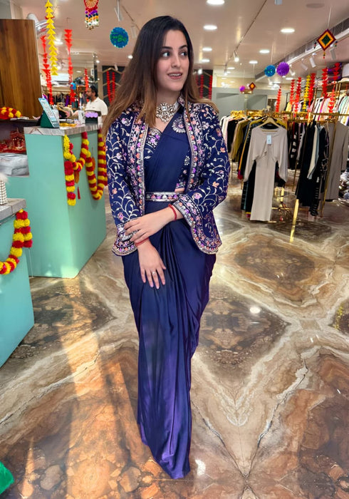 Party Wear Ready To Wear Saree With Jacket With  Heavy Diamond Satin Silk With Multi Thread Embroidery