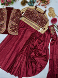 Party Wear Ready To Wear Saree With Jacket With  Heavy Diamond Satin Silk With Multi Thread Embroidery