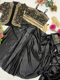 Party Wear Ready To Wear Saree With Jacket With  Heavy Diamond Satin Silk With Multi Thread Embroidery