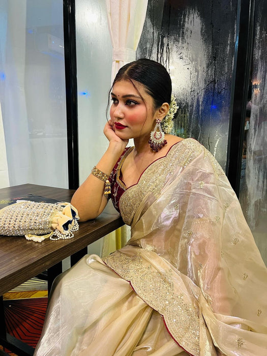 Designer Soft Jimmy Chu Silk Saree With Sequance and Zari Embroidery Work
