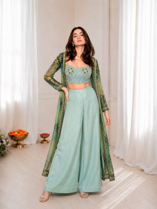 Latest Designer  Party Wear Plazz Blouse And Shrug Three Piece Set With Embroidery Work