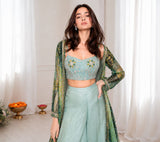Latest Designer  Party Wear Plazz Blouse And Shrug Three Piece Set With Embroidery Work