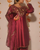 Desinger Heavy Japan Satin Farshi Salwar Top And Dupatta Set