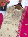 Designer Gmy Silk With Heavy Embroidery Sequence Work Top-Bottom And Dupatta Set