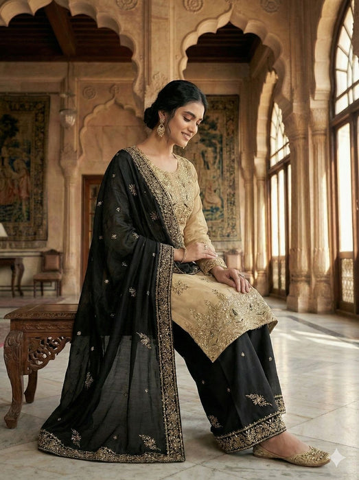 Designer Gmy Silk With Heavy Embroidery Sequence Work Top-Bottom And Dupatta Set