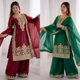 New Designer Gmy Silk With Heavy Embroidery And Sequence Work Top-Bottom And Dupatta Set