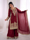 New Designer Gmy Silk With Heavy Embroidery And Sequence Work Top-Bottom And Dupatta Set