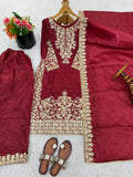 New Designer Gmy Silk With Heavy Embroidery And Sequence Work Top-Bottom And Dupatta Set