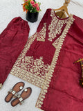 New Designer Gmy Silk With Heavy Embroidery And Sequence Work Top-Bottom And Dupatta Set