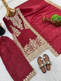 New Designer Gmy Silk With Heavy Embroidery And Sequence Work Top-Bottom And Dupatta Set
