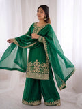 New Designer Gmy Silk With Heavy Embroidery And Sequence Work Top-Bottom And Dupatta Set