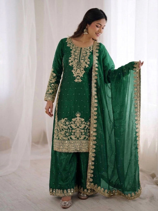 New Designer Gmy Silk With Heavy Embroidery And Sequence Work Top-Bottom And Dupatta Set