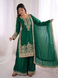 New Designer Gmy Silk With Heavy Embroidery And Sequence Work Top-Bottom And Dupatta Set