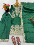 New Designer Gmy Silk With Heavy Embroidery And Sequence Work Top-Bottom And Dupatta Set
