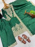 New Designer Gmy Silk With Heavy Embroidery And Sequence Work Top-Bottom And Dupatta Set
