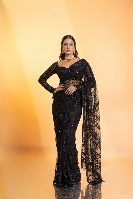Beautiful Black Butterfly Net Saree With Embroidery And  Sequins Work