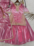 Designer Pure Gmy Silk With Embroidery Sequence Worked Top-Plazzo And Dupatta Set