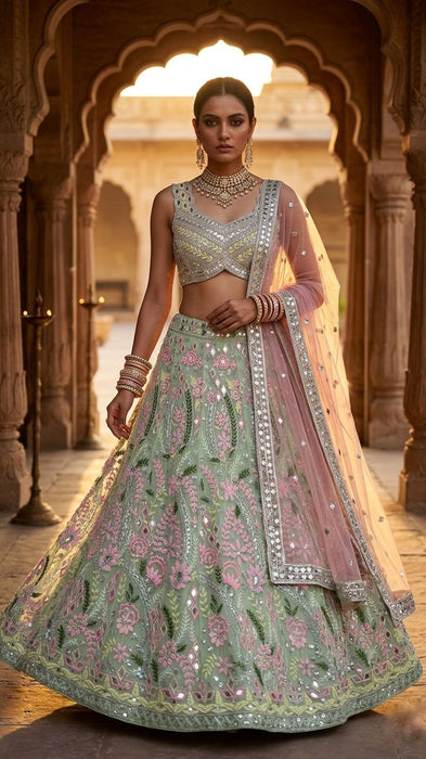 Designer Lehenga Choli With Real Mirror Embroidery And Sequins Work