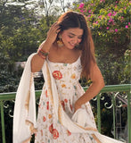 White Premium Faux Georgette Anarkali Suit with Dupatta And Pant