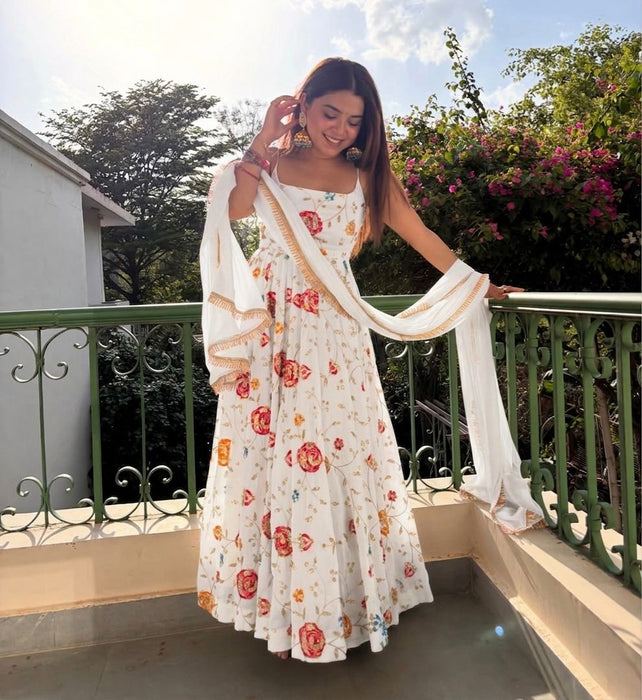 White Premium Faux Georgette Anarkali Suit with Dupatta And Pant