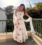 White Premium Faux Georgette Anarkali Suit with Dupatta And Pant