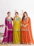Designer Chinon Silk Sharara Suit And Dupatta Set With Embroidery Siqunce Work