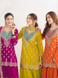 Designer Chinon Silk Sharara Suit And Dupatta Set With Embroidery Siqunce Work
