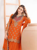 Designer Chinon Silk Sharara Suit And Dupatta Set With Embroidery Siqunce Work