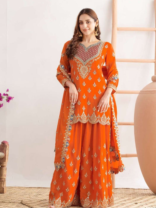 Designer Chinon Silk Sharara Suit And Dupatta Set With Embroidery Siqunce Work