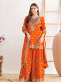 Designer Chinon Silk Sharara Suit And Dupatta Set With Embroidery Siqunce Work